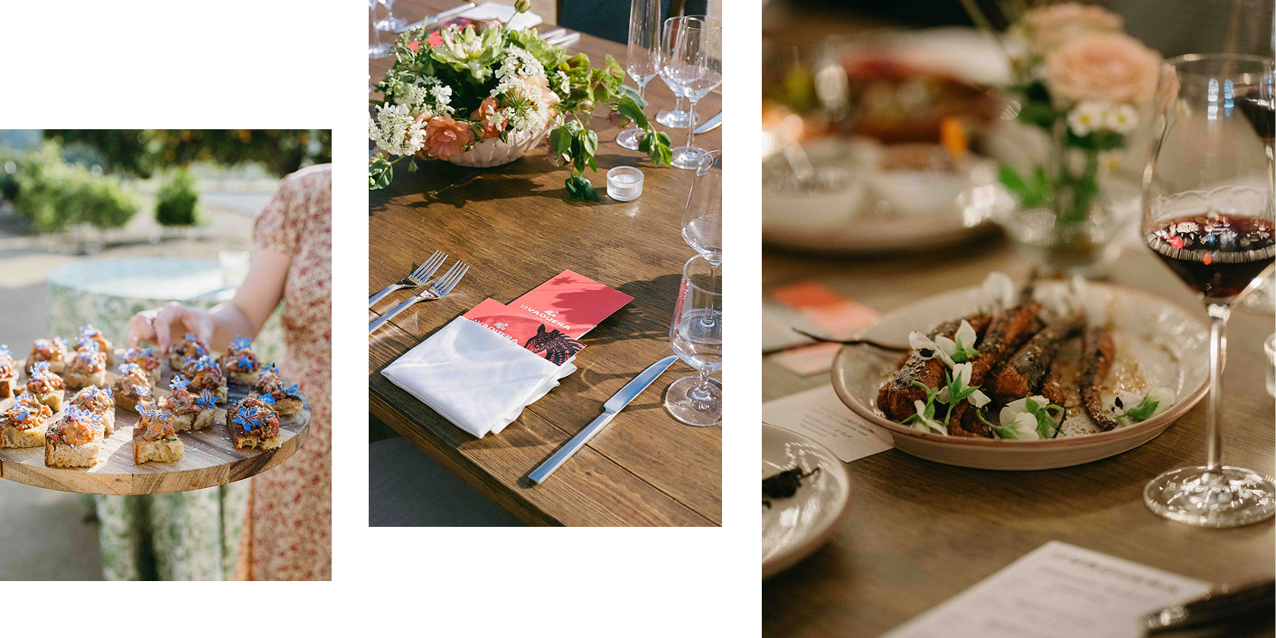 Tray of food, menu, and plated dinner