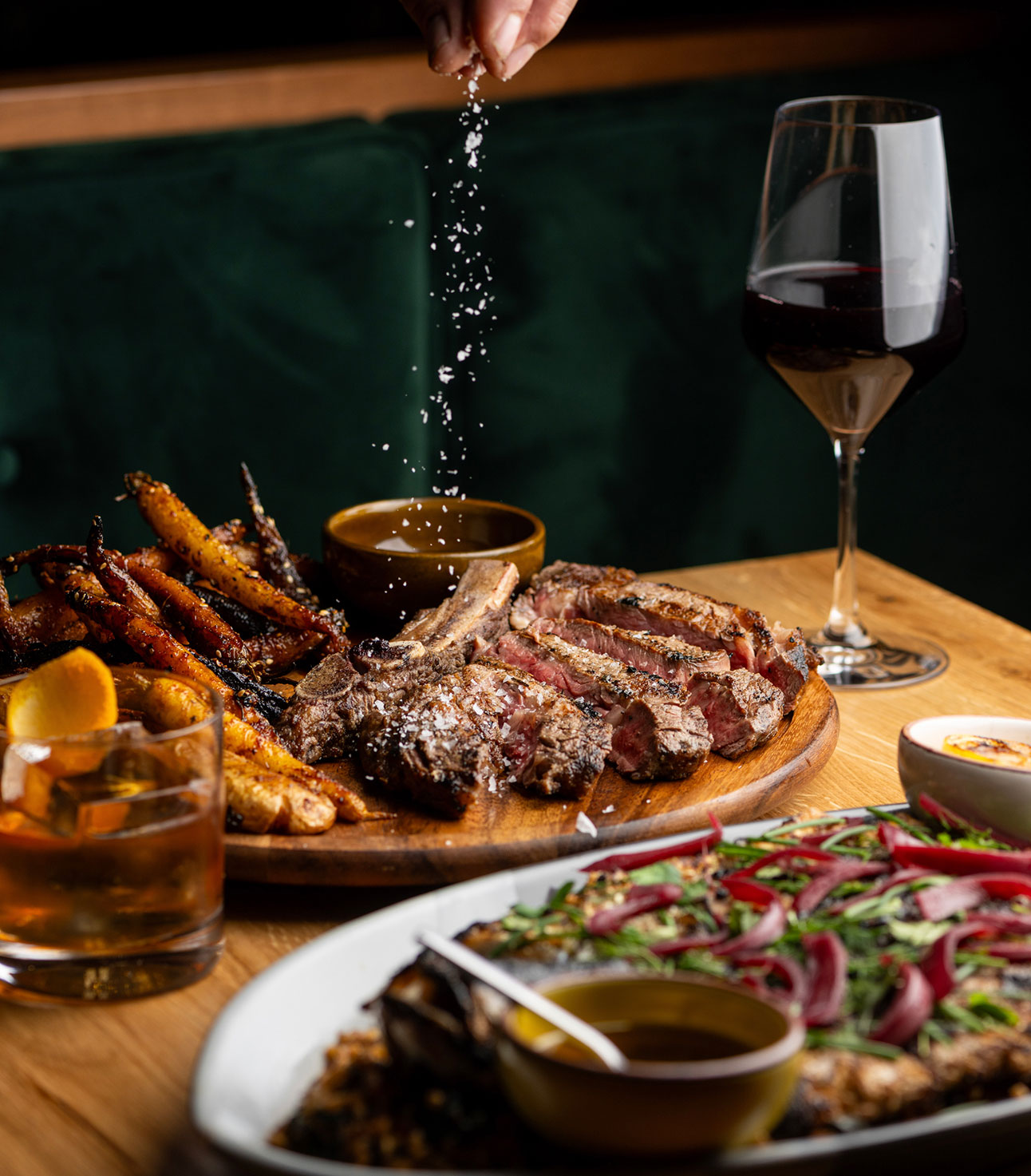 Vaquera steak and a glass of red wine